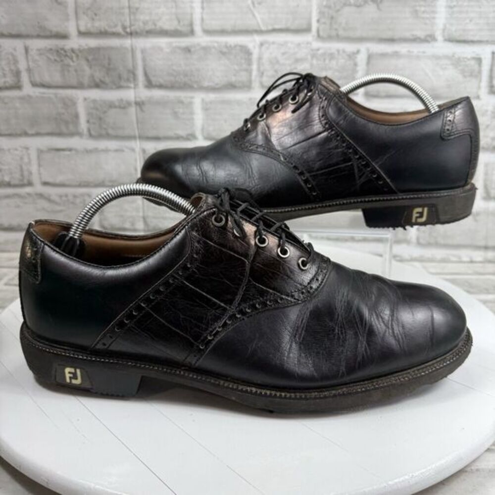 FootJoy Icon Saddle Men's Size 10.5 Black Leather Crocodile Lace Up Golf Shoes